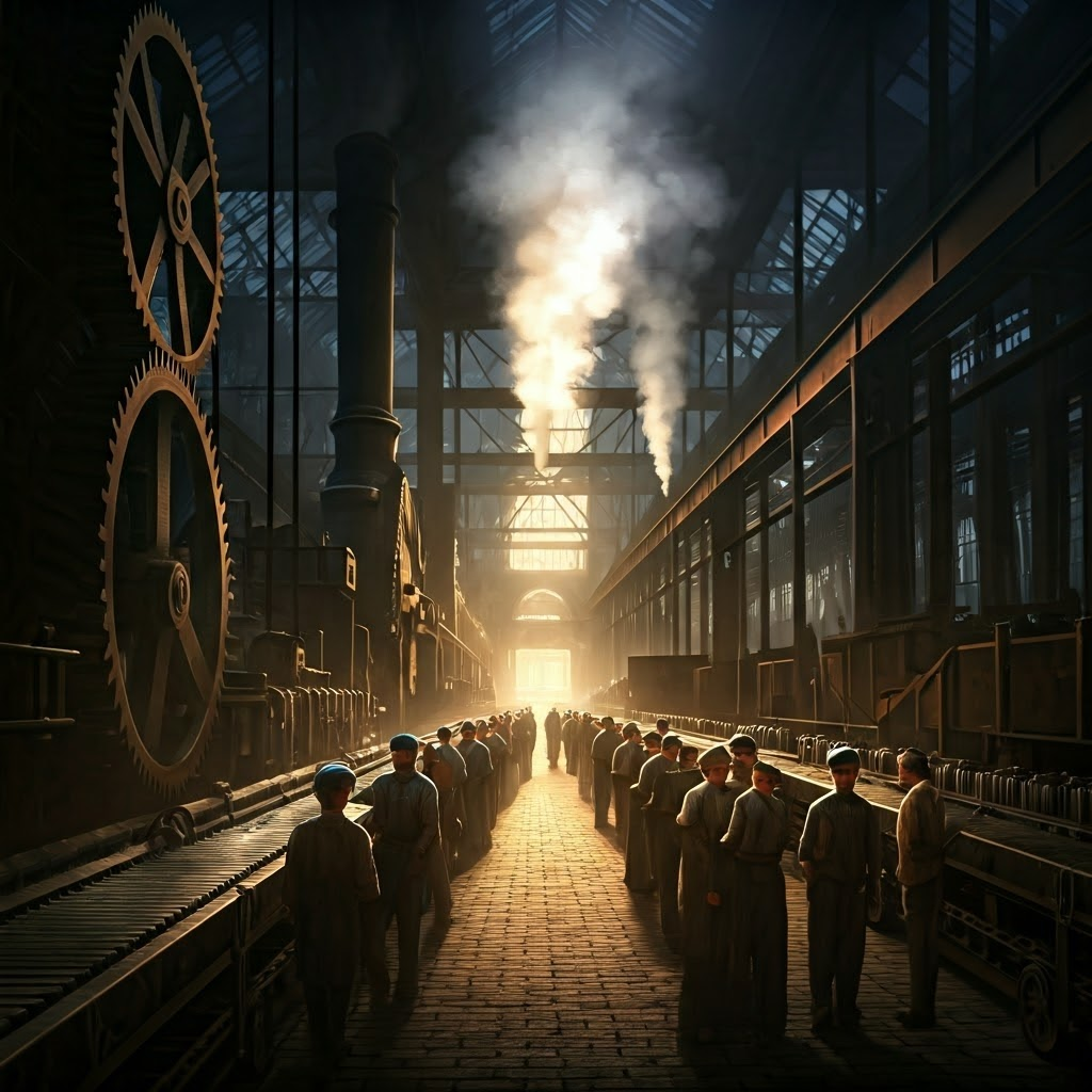 Steam-era factory interior where a whistle blows as workers line up at dawn.