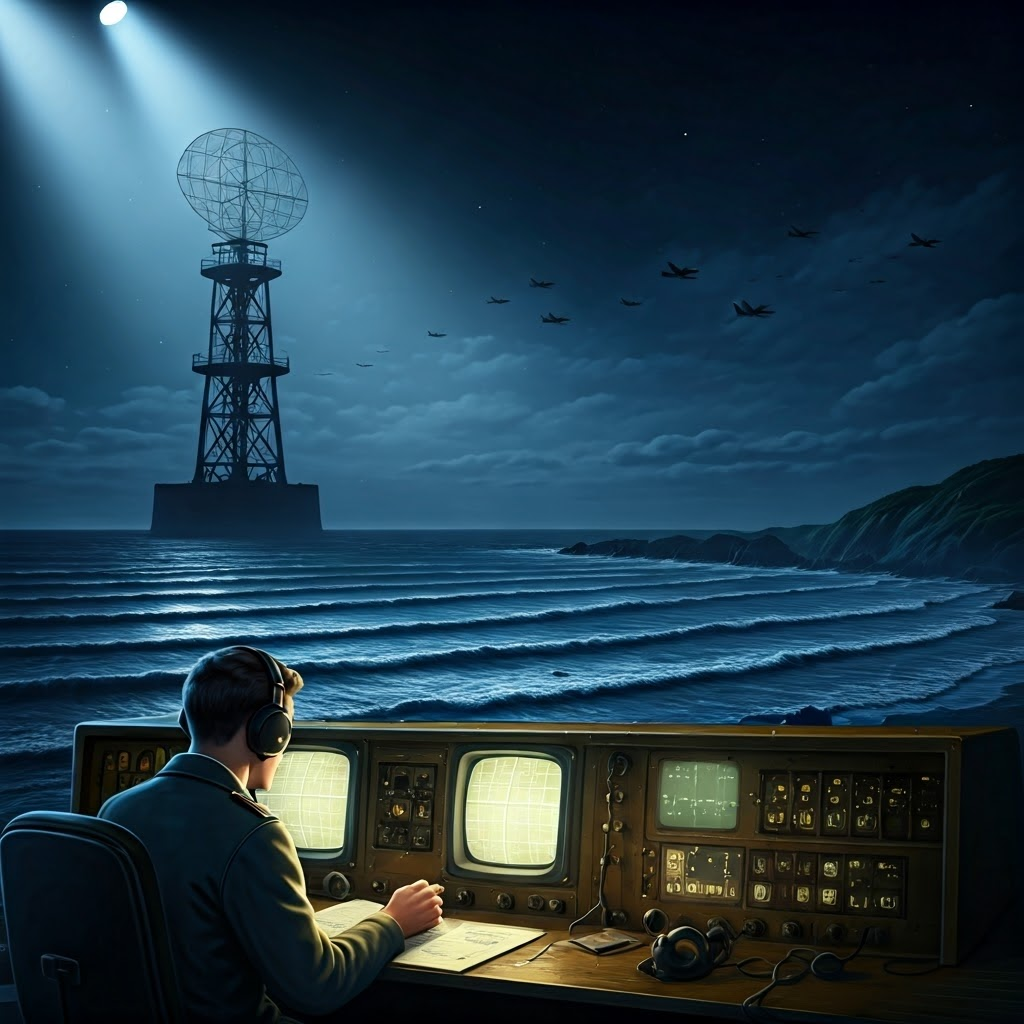 British Chain Home radar tower lit by spotlights along a stormy coast