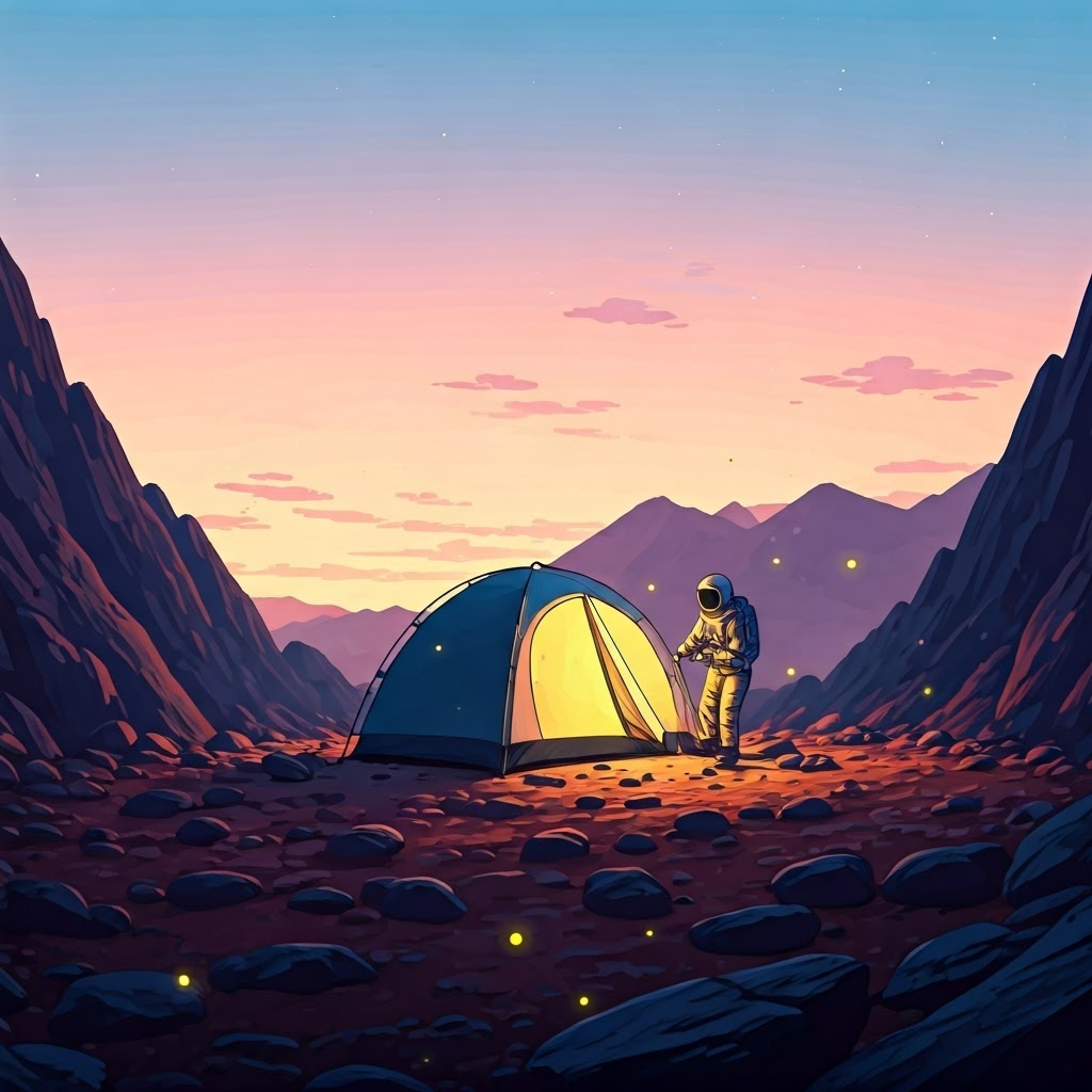 Camper on Martian landscape showing self-reliant living in harsh environment.