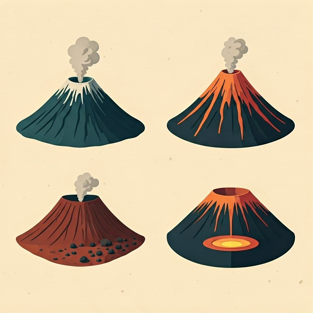 Paper-collage illustration compares shield, stratovolcano, cinder cone, and caldera shapes in warm earth tones.