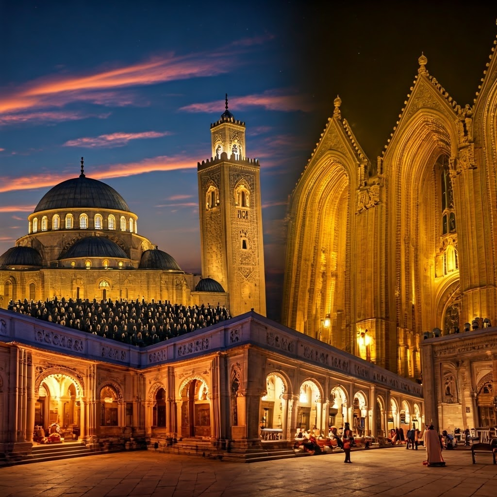 Dreamy photomontage of minaret, choir, chanting monks, and kirtan musicians under night sky