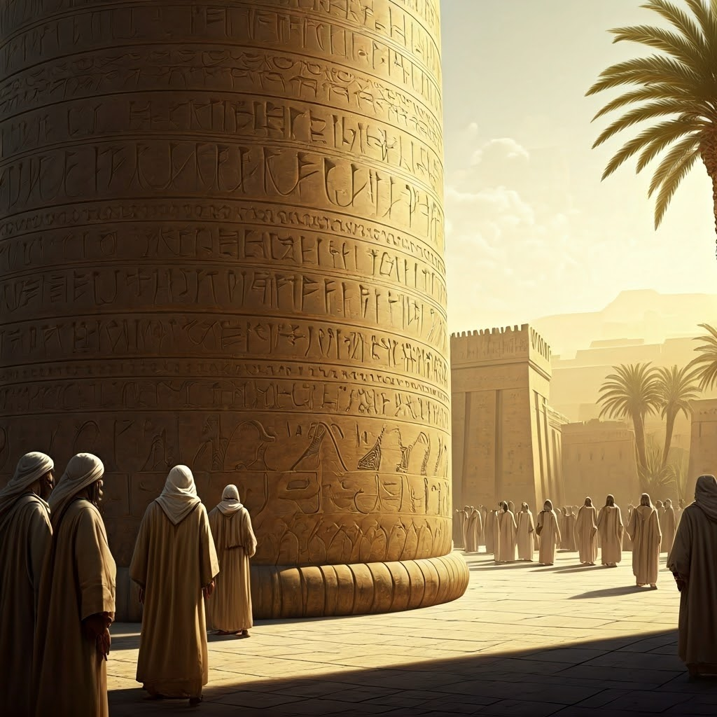A towering stone pillar engraved with Hammurabi’s laws stands in a lively Babylonian square.