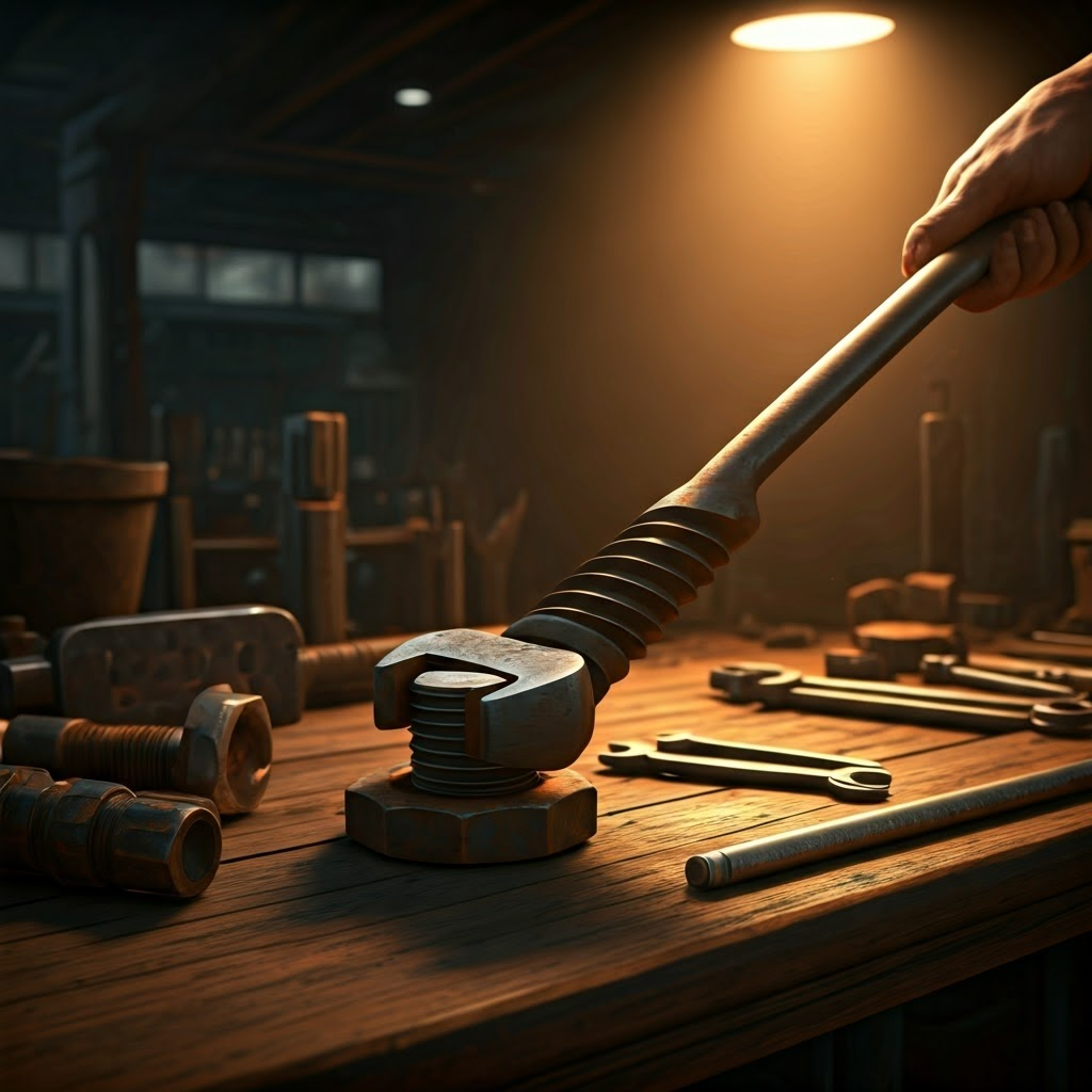Person straining with a long wrench to loosen a rusty bolt, clearly showing how a longer moment arm multiplies torque.