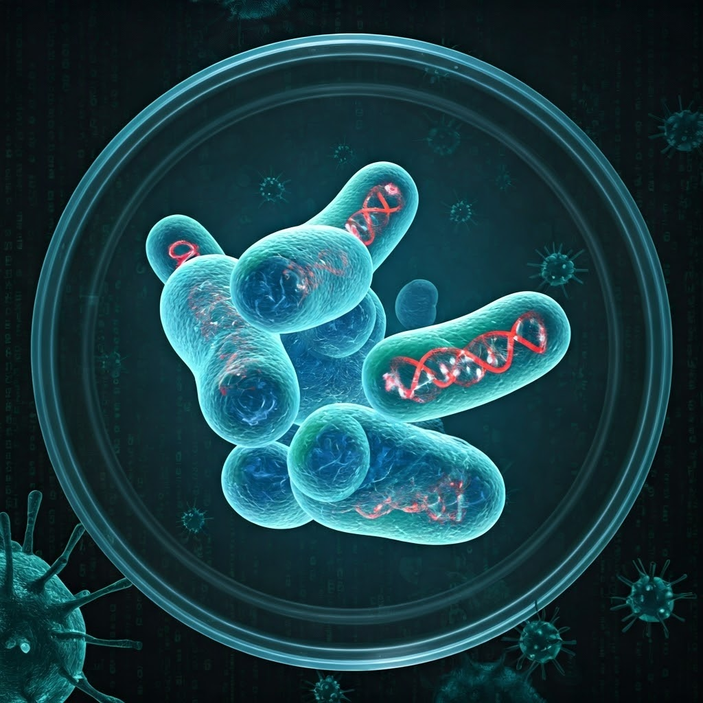 Cyberpunk-style scene of glowing bacteria with red DNA repeats and looming bacteriophages, illustrating the ancient CRISPR defense