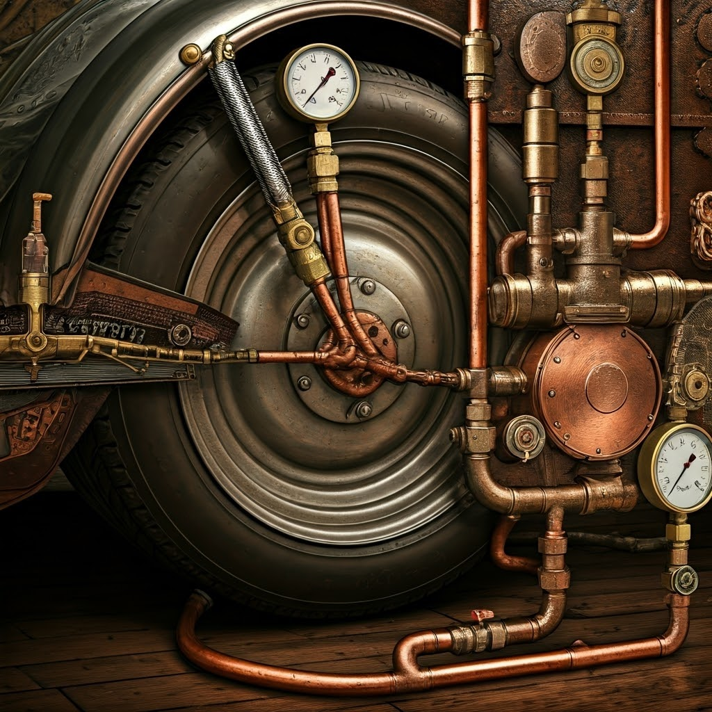 Steampunk cross-section of tire and pipes demonstrates pressure in everyday systems.