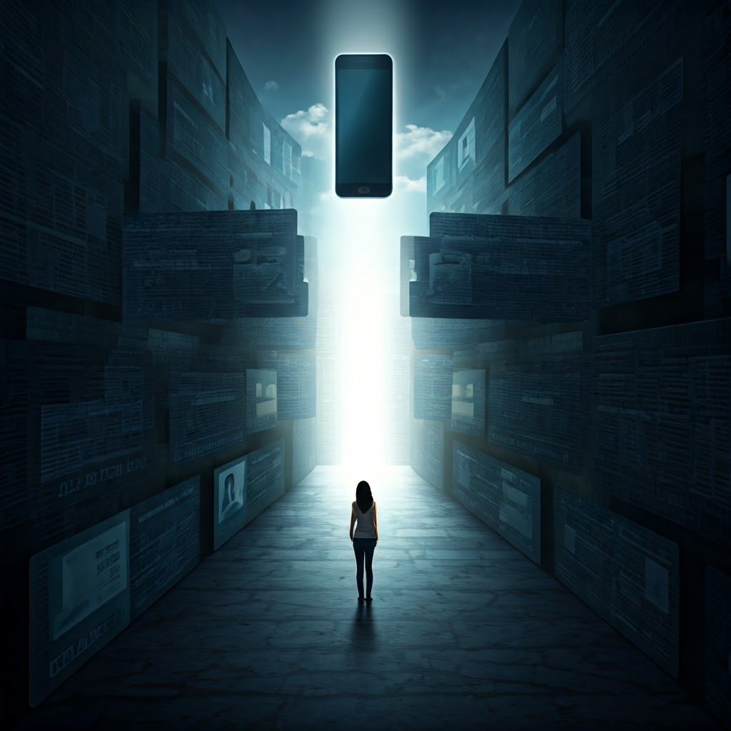 Towering ID-card walls form a maze around a woman seeking a digital wallet exit lit with hope.