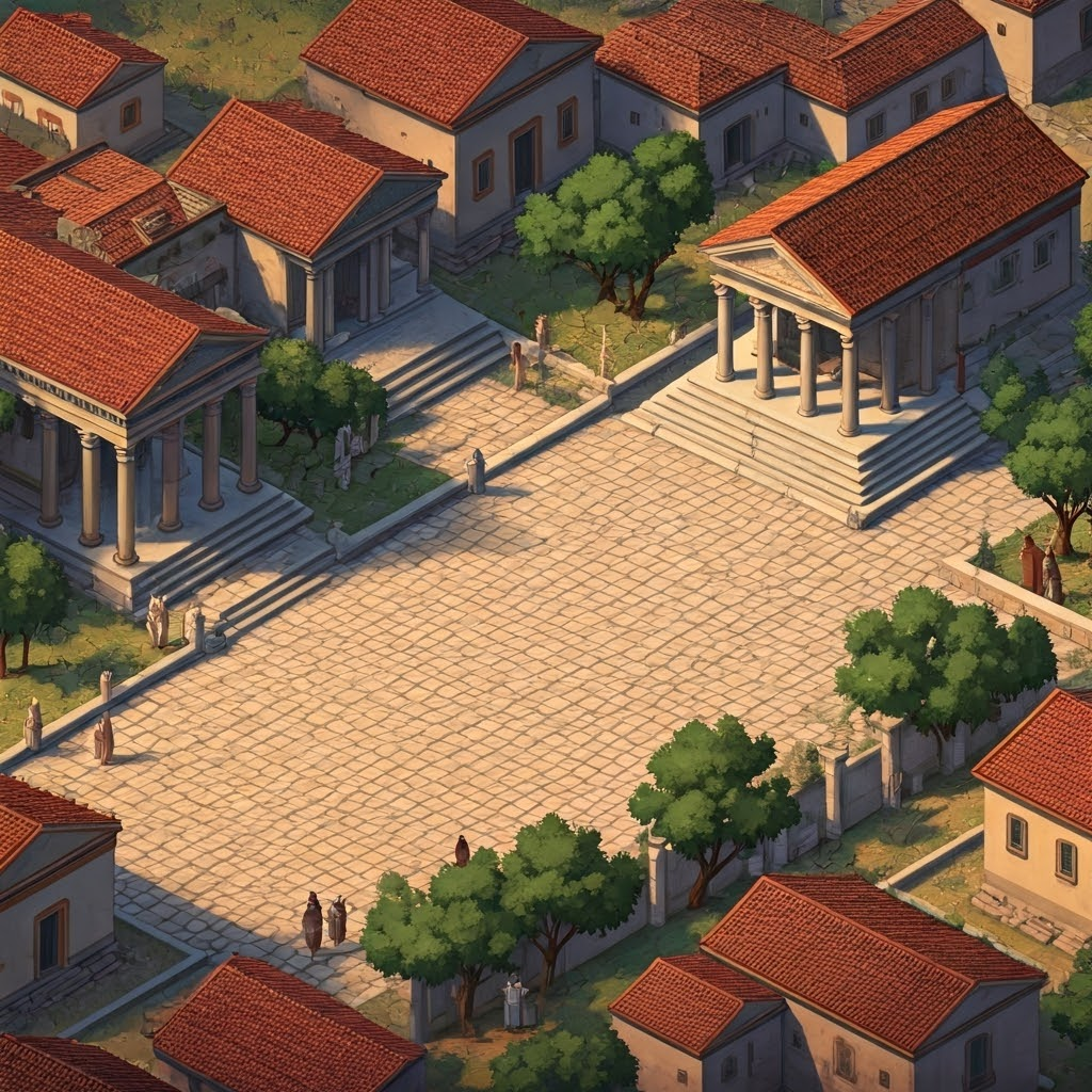 Isometric view of a Greek city grid with uniform houses, central agora, columned stoas, and stone inscriptions lining tidy streets under midday sun.
