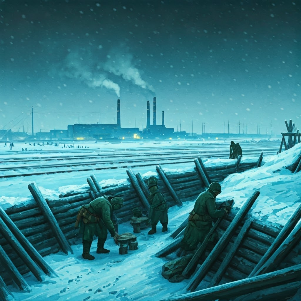 Winter scene of soldiers building ice-coated fortifications near a frozen railway