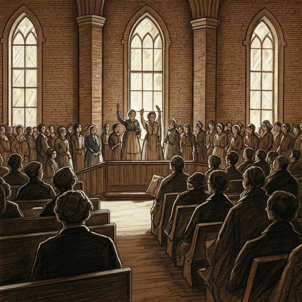A crowded brick church interior in 1848 Seneca Falls, Quaker and abolitionist women standing on a wooden riser passionately debating, raised hands, faces alight with conviction, simple wooden benches filled with attentive audience, soft sunlight streaming through narrow windows, style: expressive charcoal sketch on textured paper, bold strokes, high contrast, capturing the energy and tension of the first women’s rights convention
