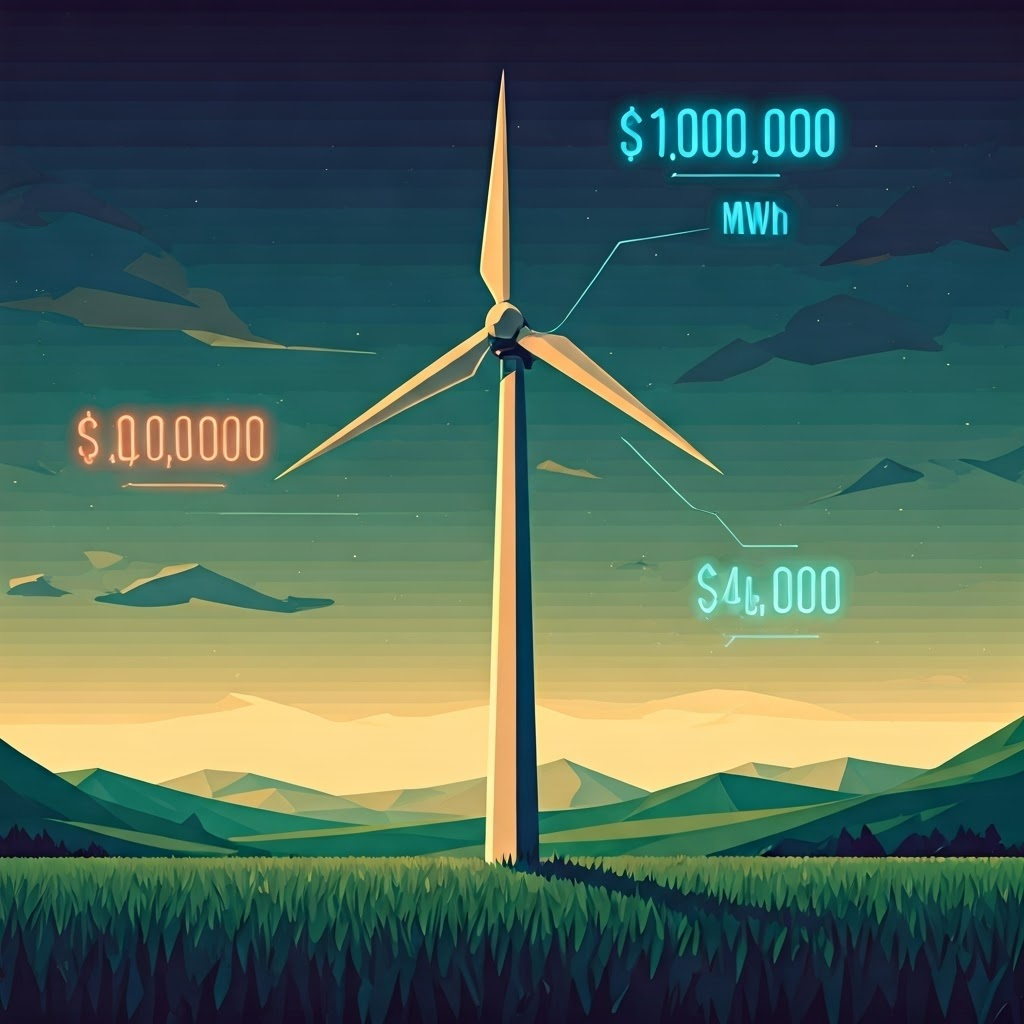 A single wind turbine stands in a stylized field while floating numbers show costs and energy output.