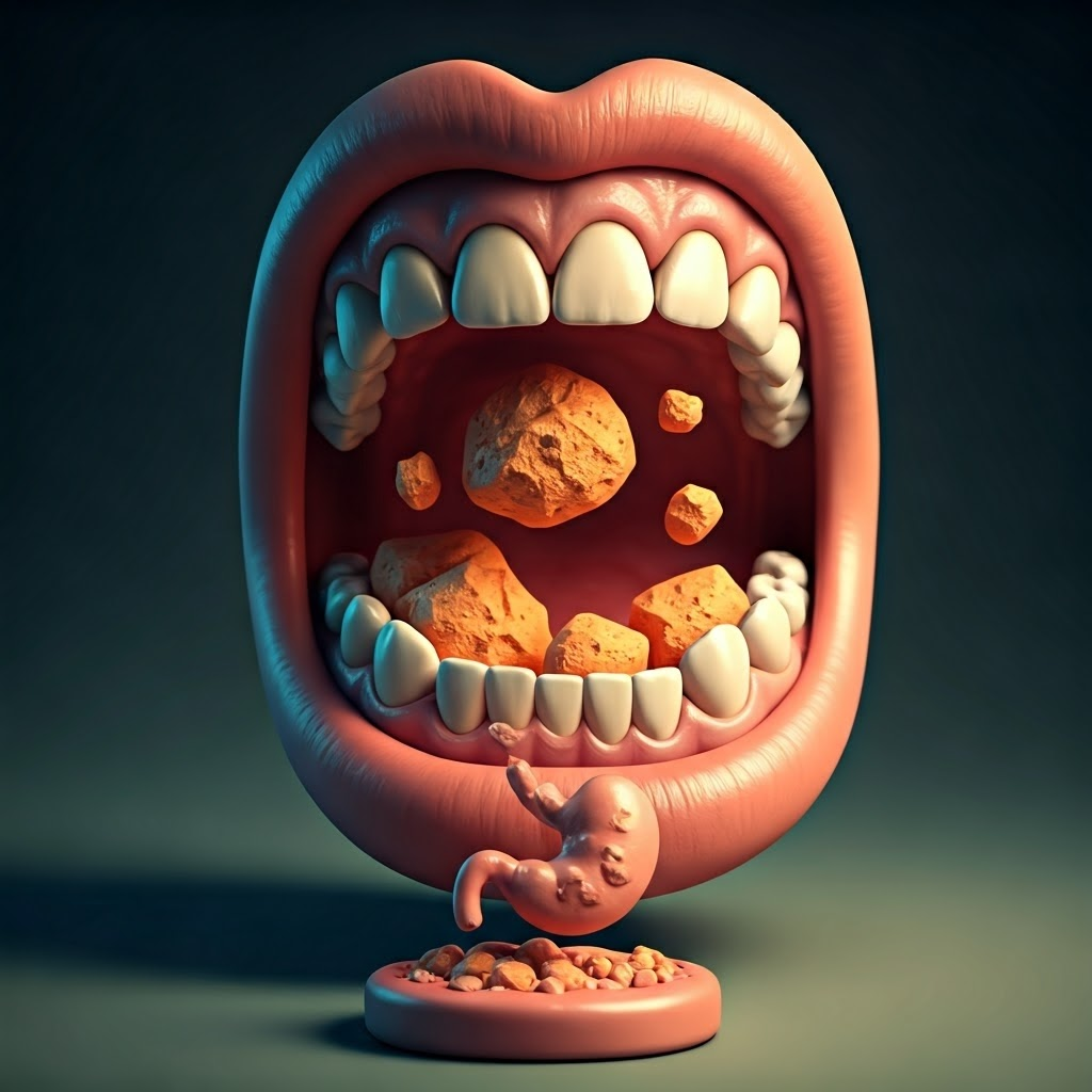 Stop-motion sculpture of teeth chopping food over a model stomach, underscoring thorough chewing.
