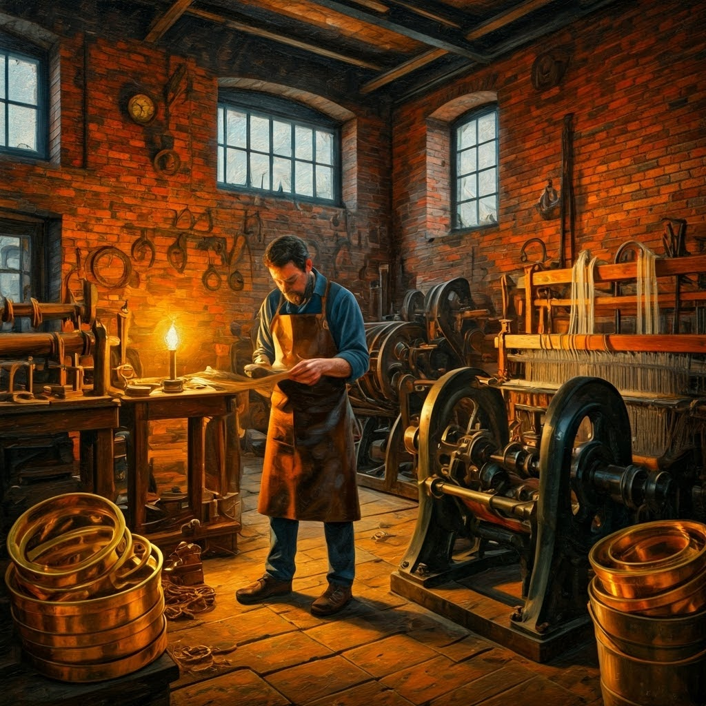 William Cockerill studies blueprints amid half-built steam engines in a soot-stained Belgian workshop.