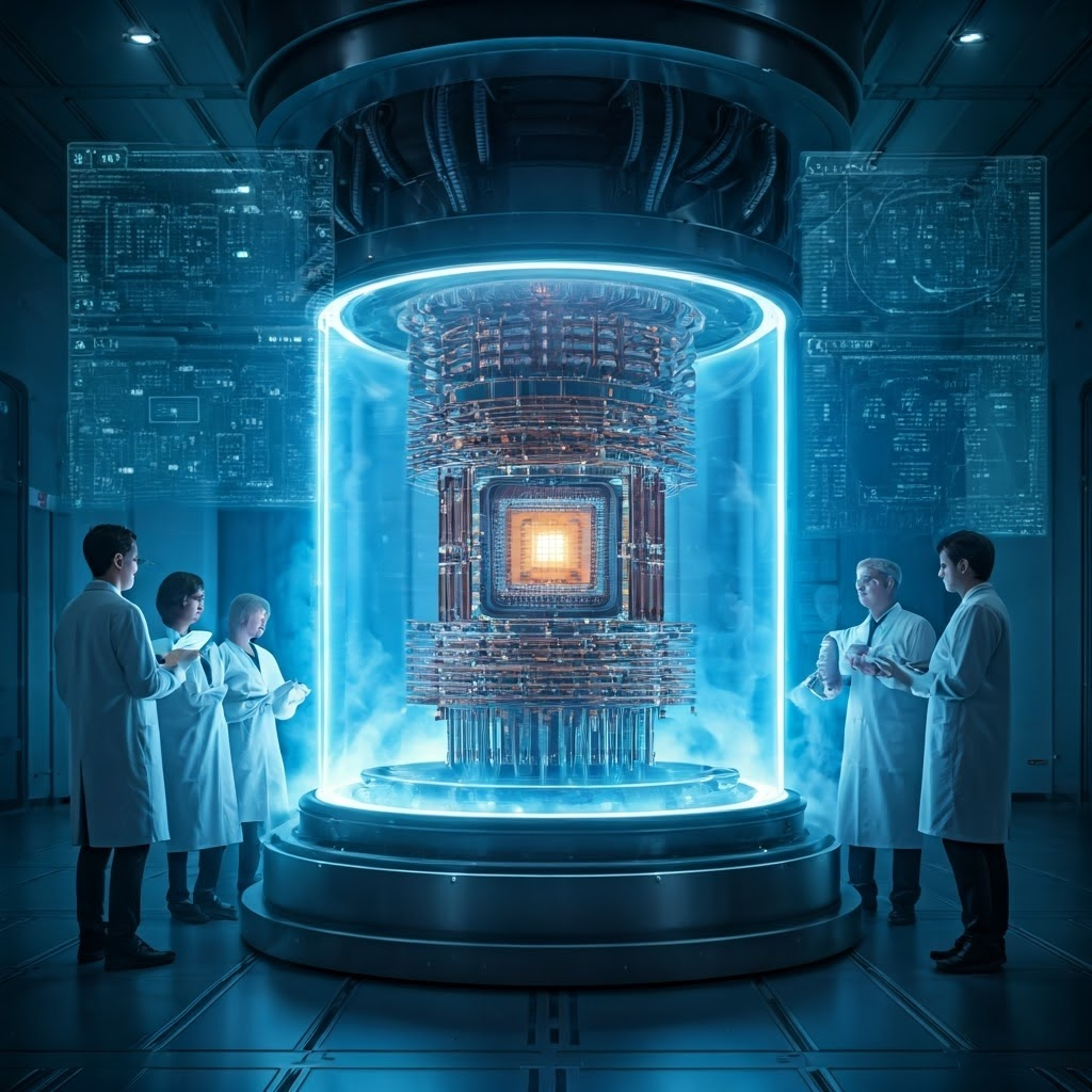 Scientists surrounding a superconducting quantum chip in a cryogenic chamber with holographic circuits above