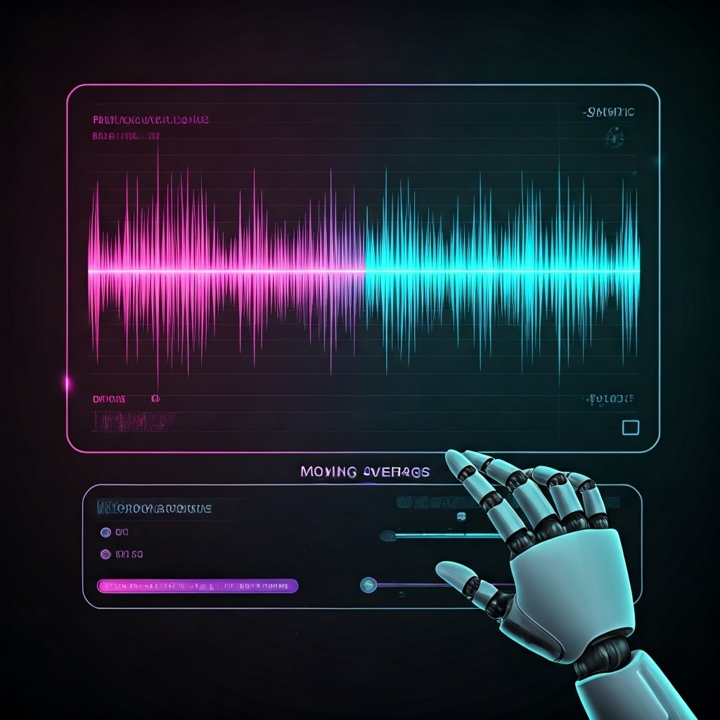 Split screen of jagged versus smoothed signals, sliders adjust a moving average.