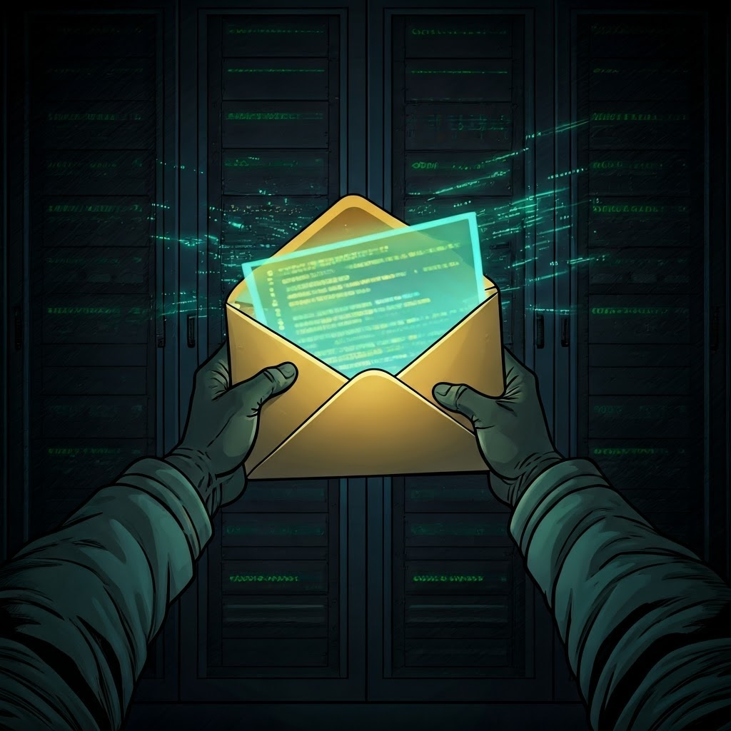 Gloved hands opening a giant digital envelope and rewriting code inside