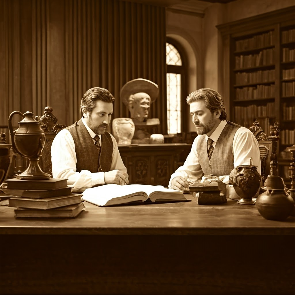 Vintage sepia scene of scholars, warm light and ancient artifacts.