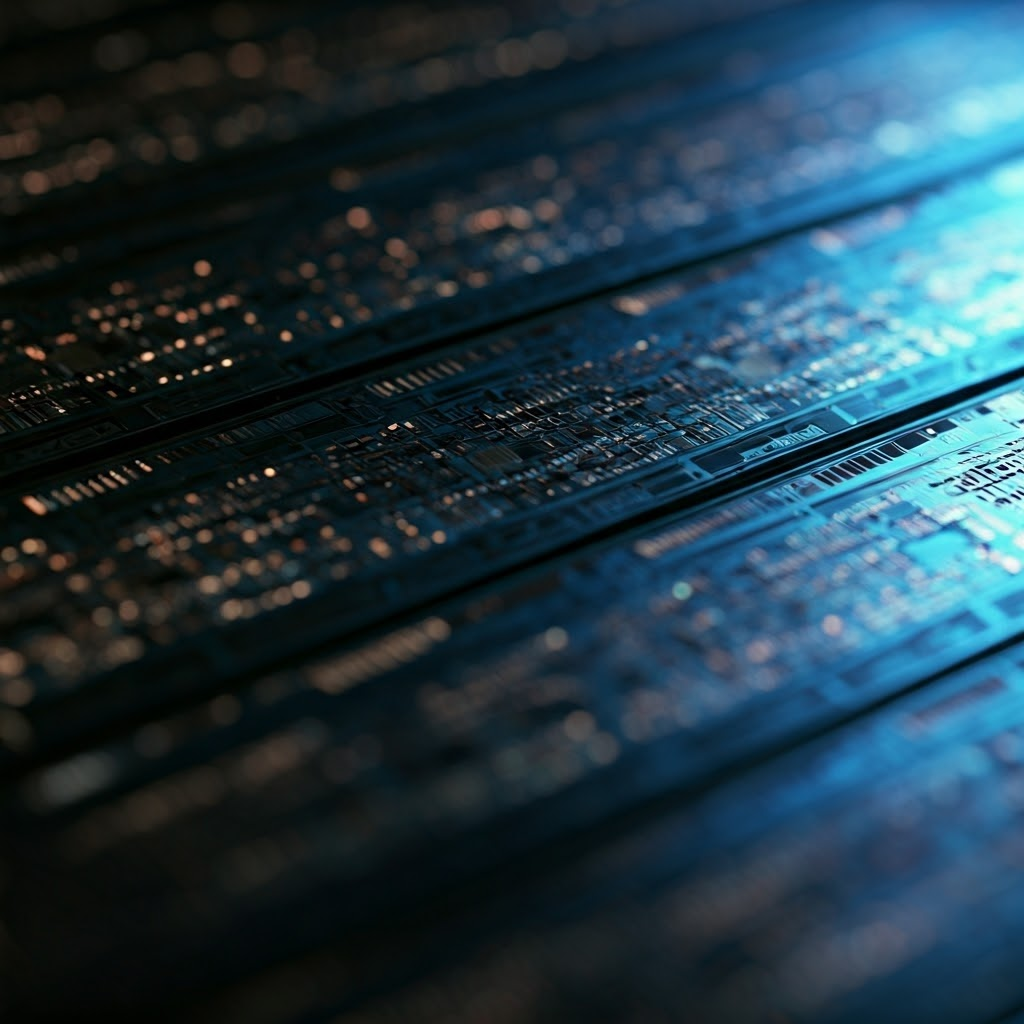 Macro view of a silicon wafer where tiny glowing transistors resemble a futuristic city.