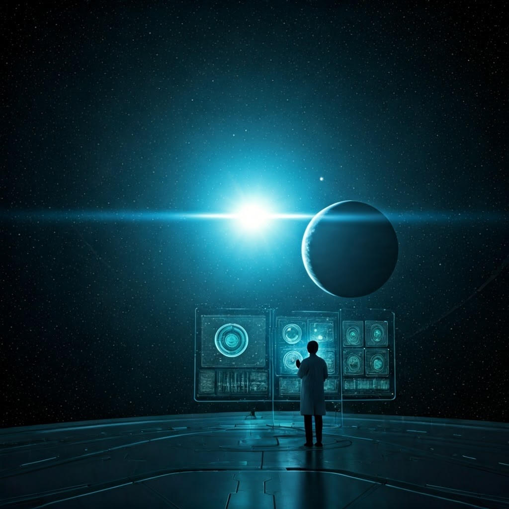 Illustration of an astronomer analyzing transit light curves as a planet crosses a distant star, highlighting exoplanet detection.