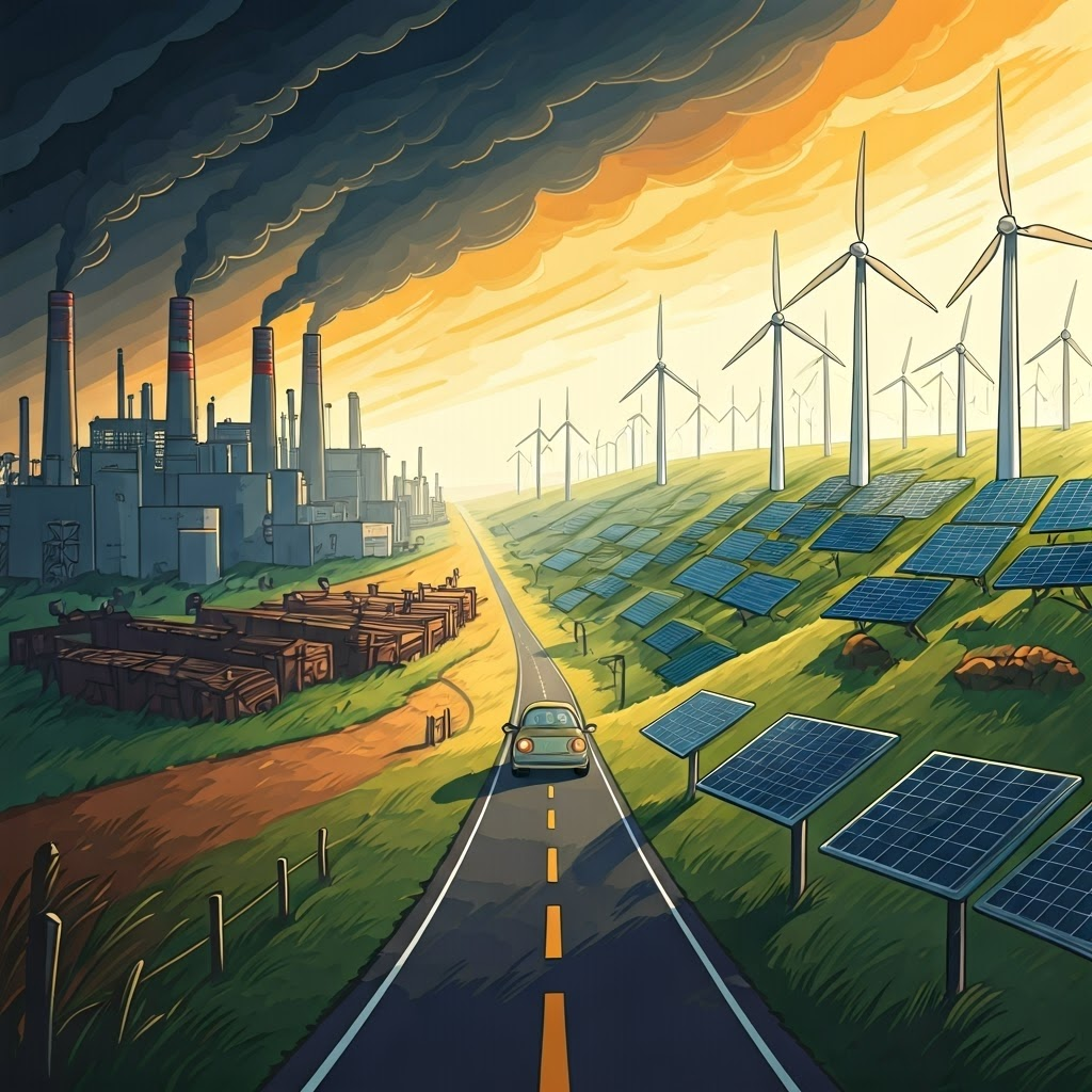 Storybook road shows an EV passing from coal plants to wind-solar fields