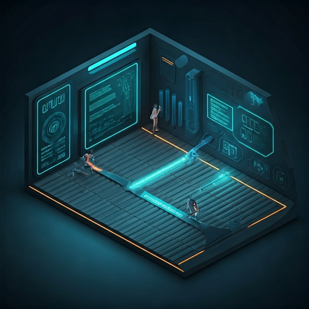 3D isometric graphic of neurons passing a glowing baton labeled Neurotransmitter