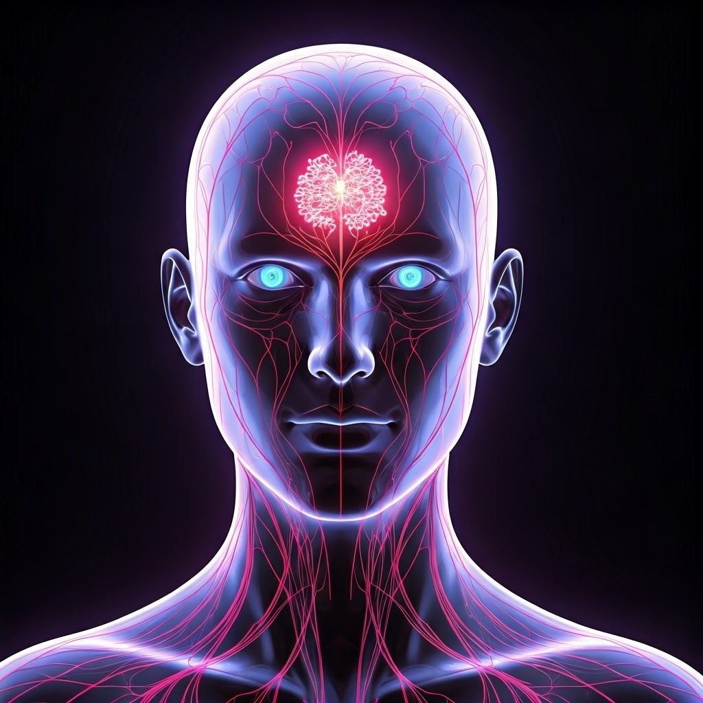 Neon cyberpunk image of glowing neural pathways leading to the suprachiasmatic nucleus, your body clock’s core.