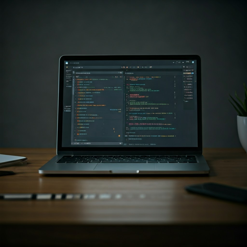 Open laptop shows a Jupyter notebook with arrows linking code, charts, and text in a clear flow