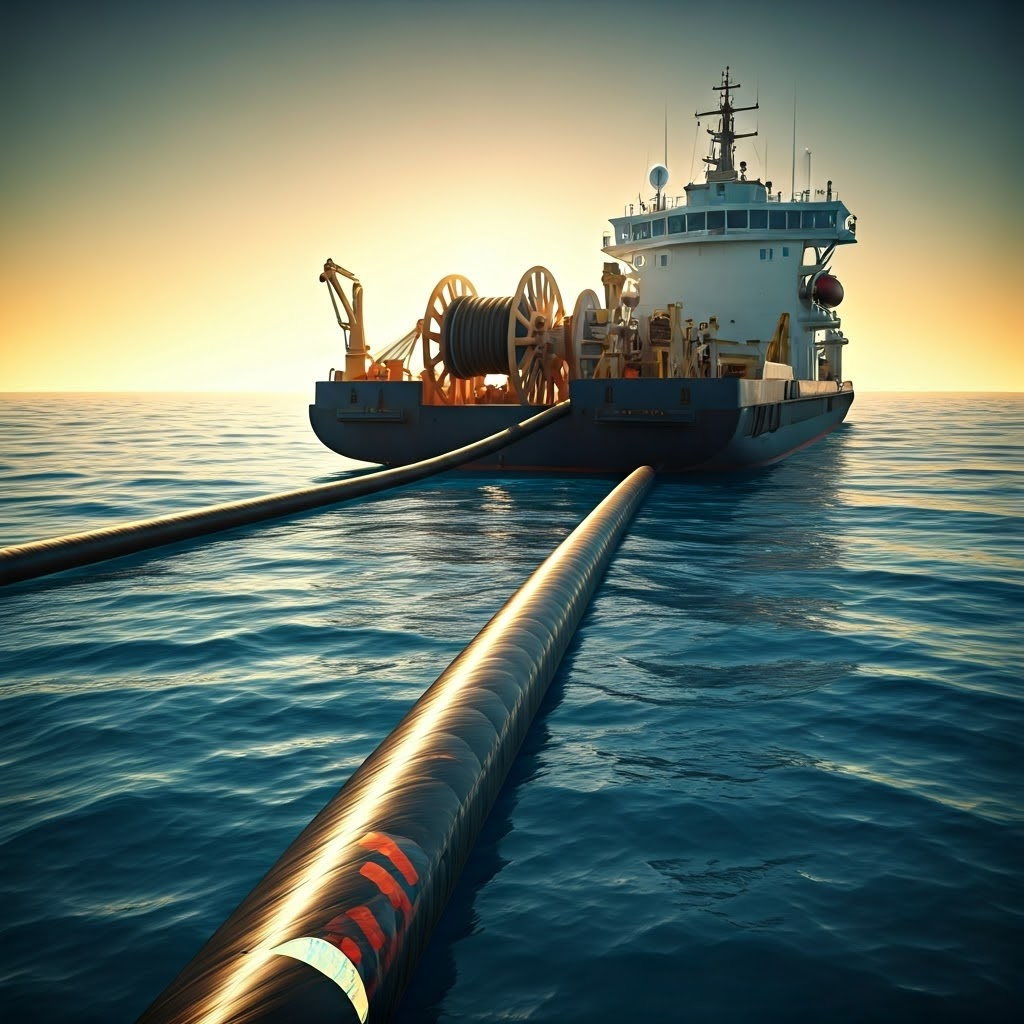 Ship laying an undersea fiber-optic cable at sunset, with crew guiding the spool into calm deep-blue water.