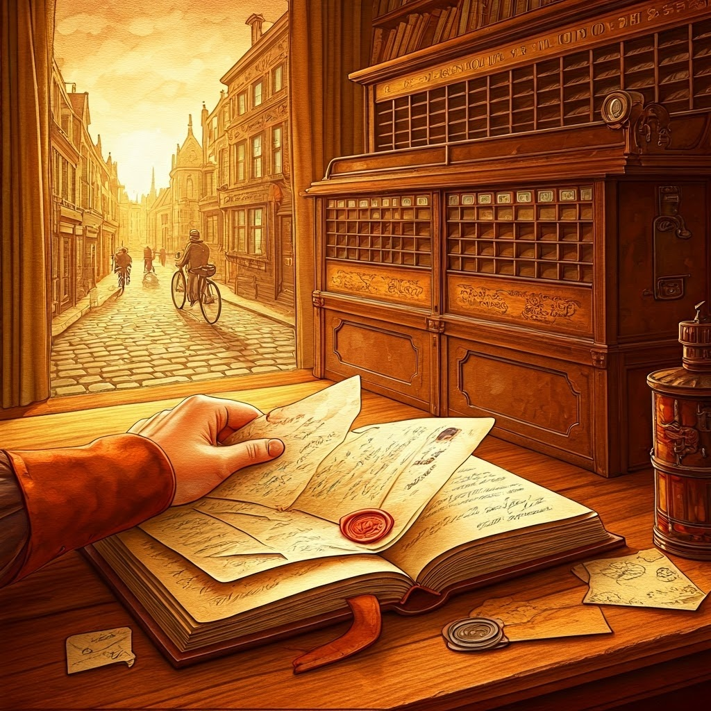 A Victorian scholar stuffs torn book pages into wax-sealed envelopes, showing data broken into pieces for separate delivery.