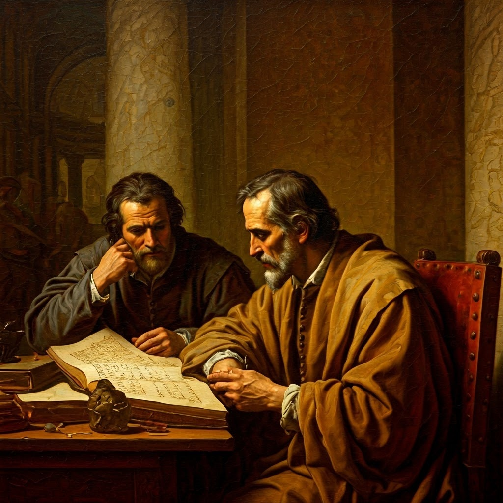 A nostalgic depiction of thoughtful scholars in a classic Renaissance setting.
