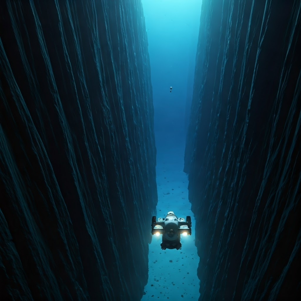 A research submersible surveys the steep walls of the Mariana Trench during a deep-ocean expedition.