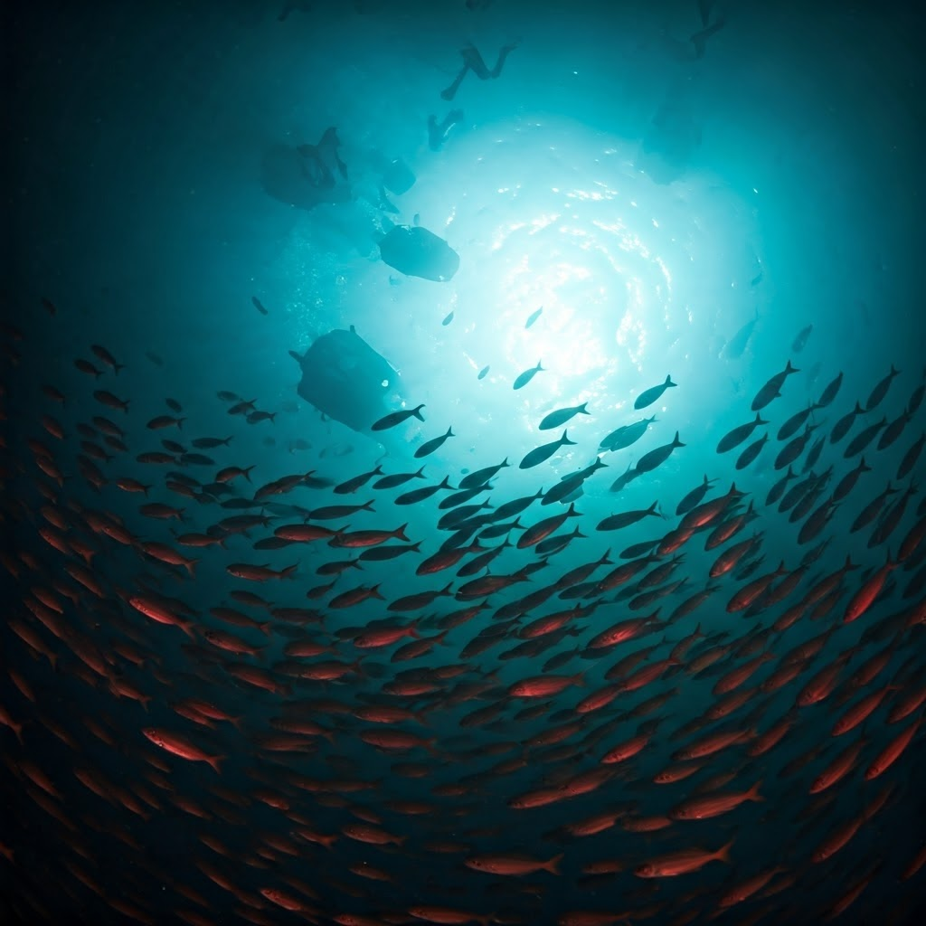 Faint blue-green light reveals twilight-zone fish and divers descending into the mesopelagic depths.