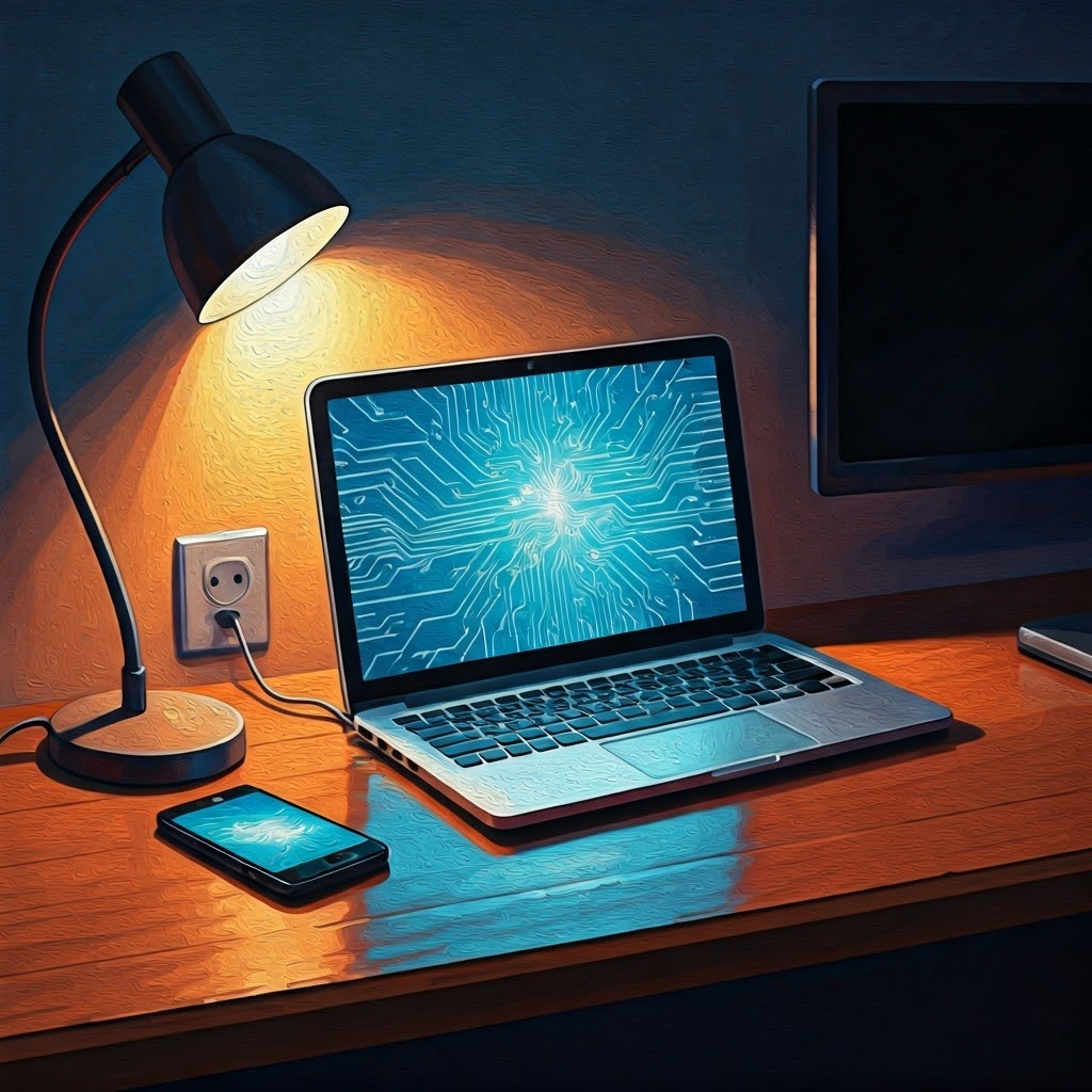 Home office with phone, laptop, and TV drawing electricity from one wall socket.