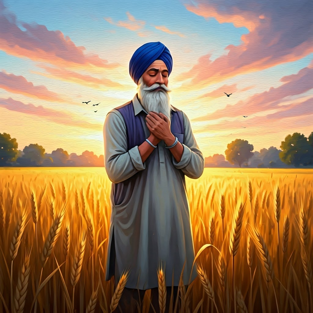 Farmer in golden wheat fields at sunrise softly repeats the name 'Waheguru', blending work and devotion.