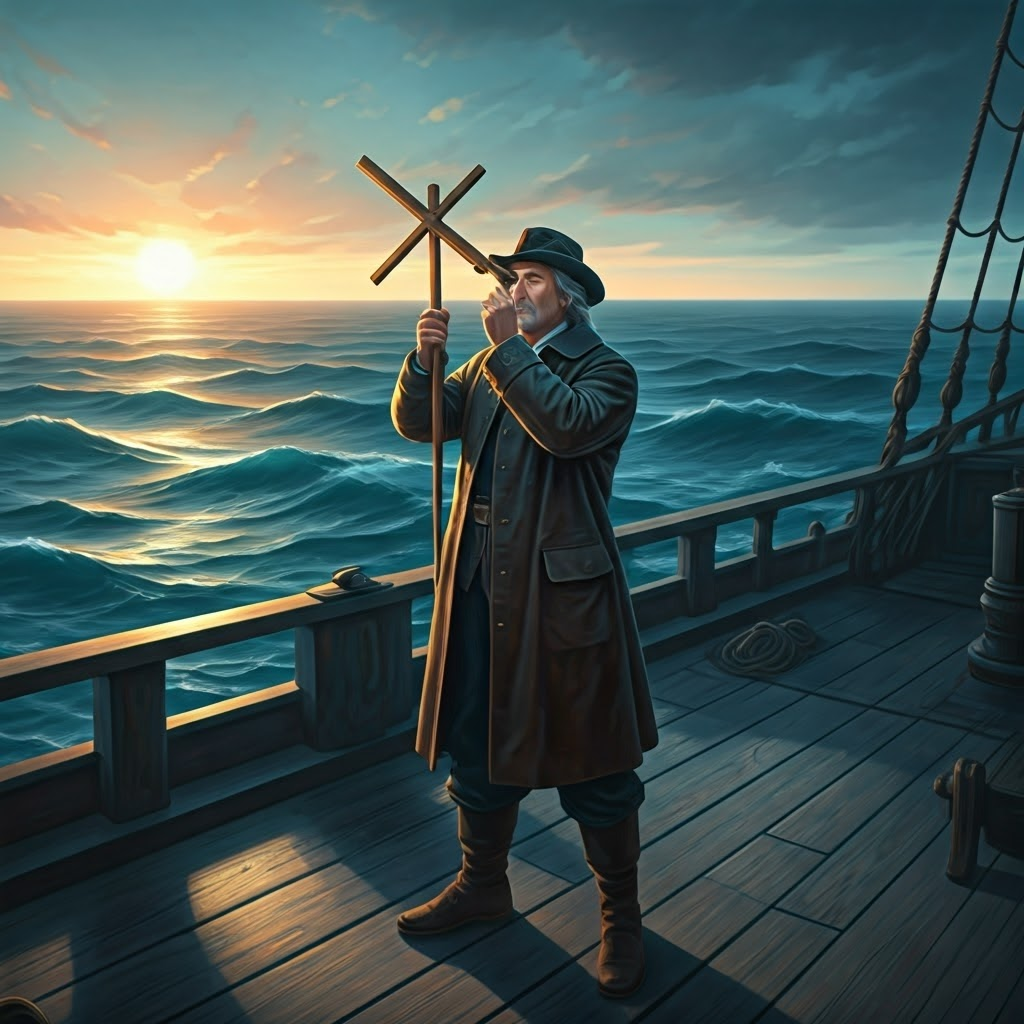 Navigator on a pitching deck measuring the sun’s angle with a wooden cross-staff at dawn