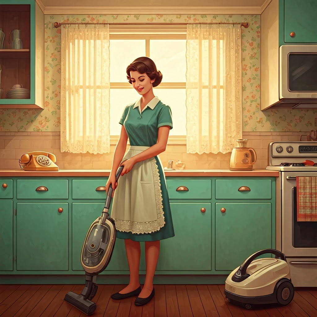 1960s housewife vacuuming a spotless pastel kitchen, symbolizing idealized suburban domestic life.