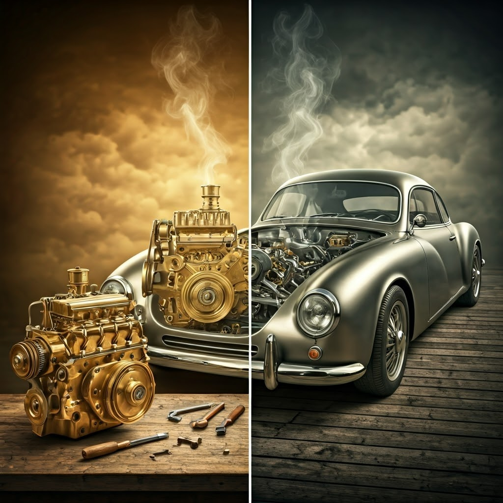 Steampunk scene comparing bench repair to on-site fix, symbolizing ex vivo and in vivo approaches