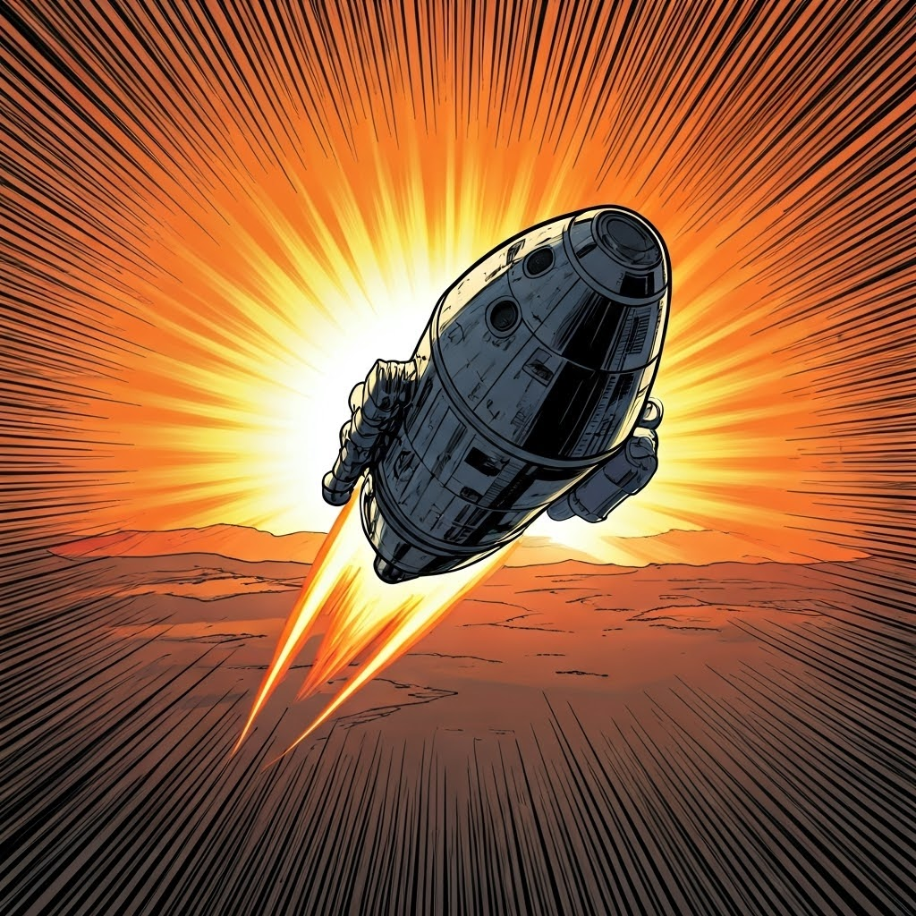 A capsule streaks through blazing plasma during a dramatic Martian entry, descent, and landing.