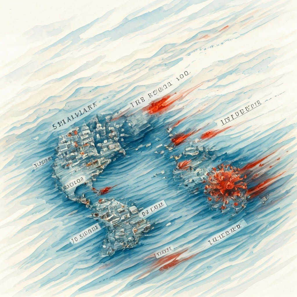 Illustrated map with colored washes showing disease waves shrinking town populations