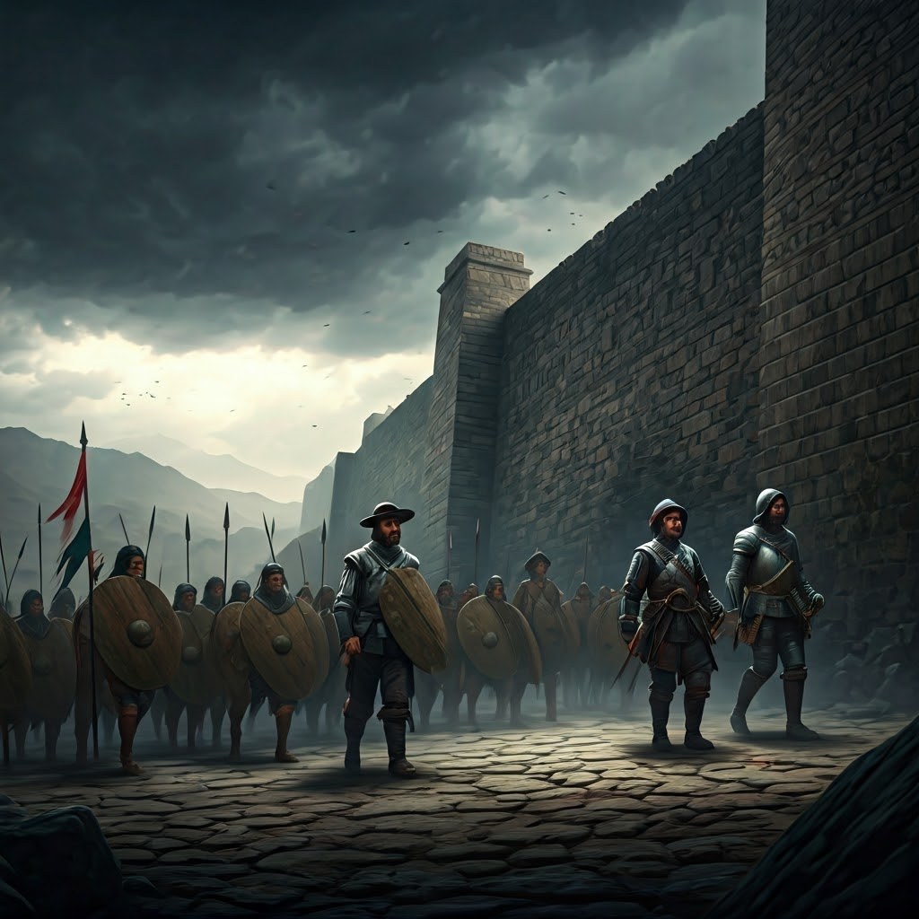 Tlaxcalan warriors stand before their walled city as wary Spanish soldiers approach under storm clouds, signaling an uneasy alliance.