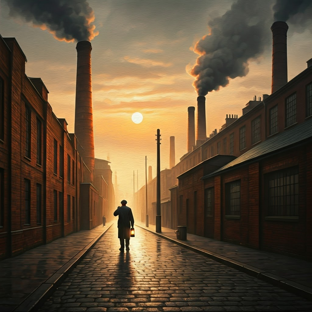Oil-style painting of a 19th-century industrial city at dawn, heavy smog covering brick factories while a lone worker holds a lantern on wet cobblestones.