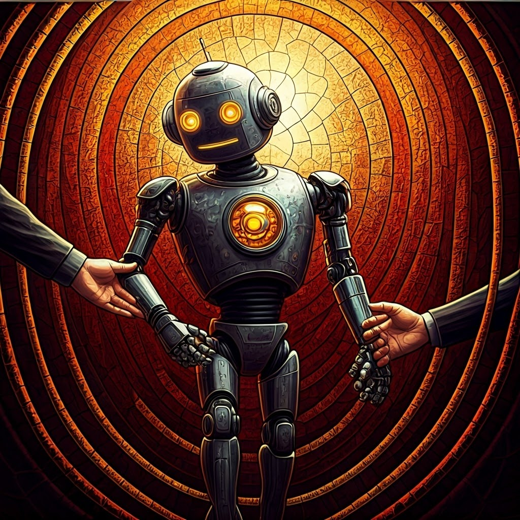 Stained-glass style hands guiding a robot arm, symbolizing trust through touch and haptics