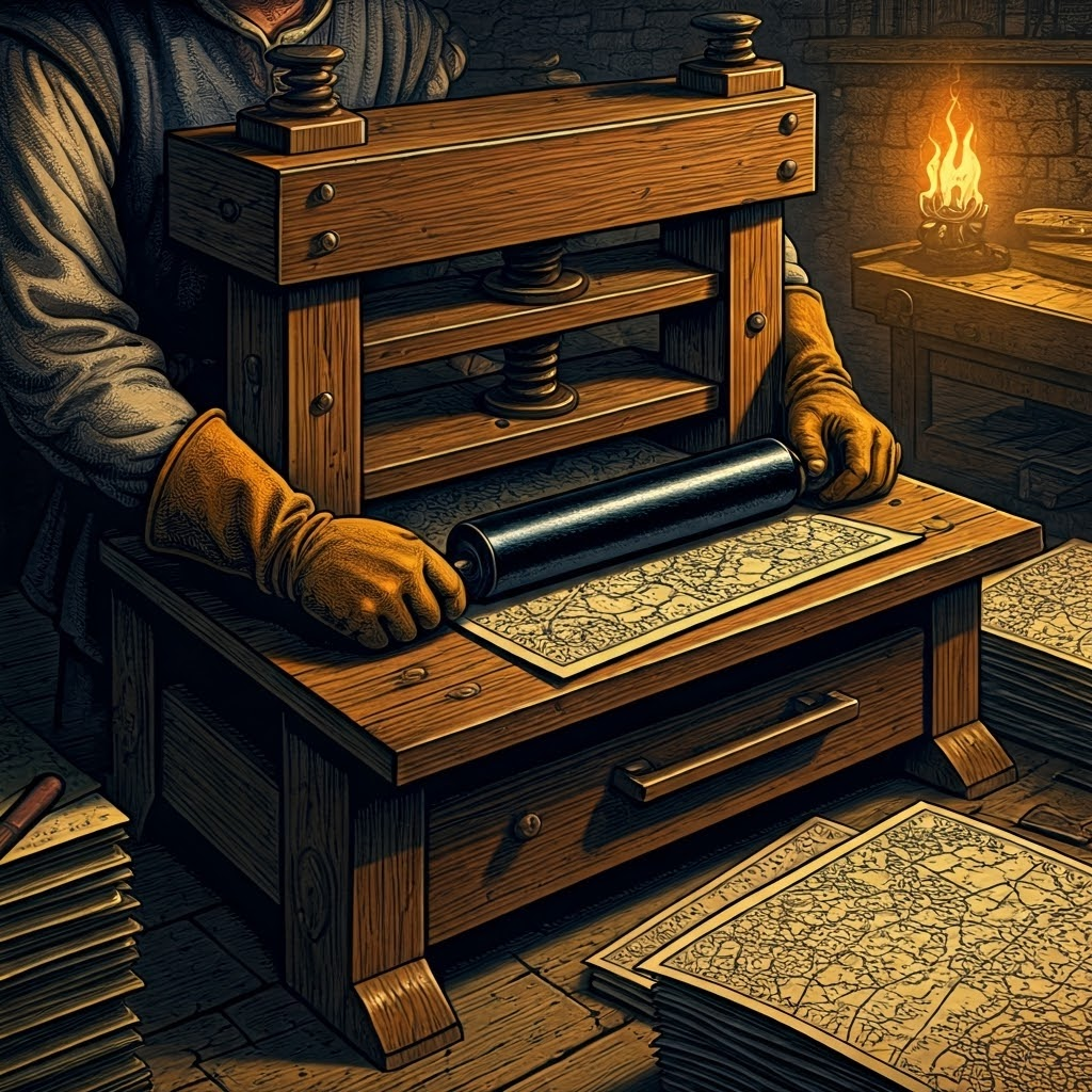 15th-century printing workshop using wooden presses to mass-produce woodcut maps