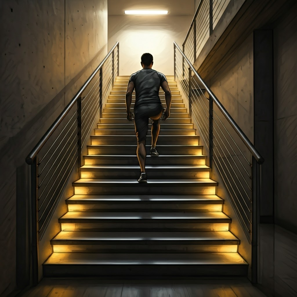 Person climbing stairs, each step adding gravitational potential energy to the body.