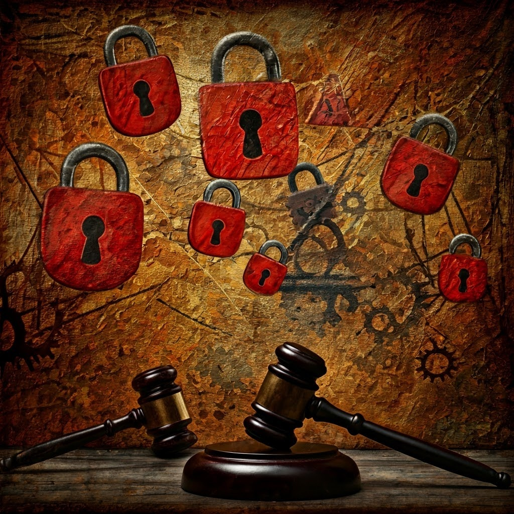 Expressionist web of warning signs and locks symbolizing DAO challenges