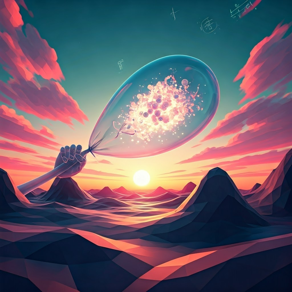 Surreal illustration of hands squeezing a translucent balloon; one end shrinks, the other expands into dancing particles, showing precision trade-offs.