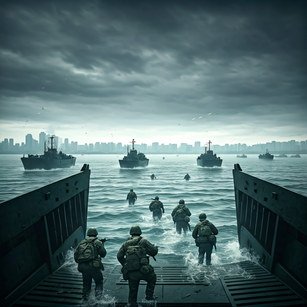 A dramatic amphibious assault: US Marines wading through choppy gray water toward the fortified walls of Inchon harbor under overcast skies, landing craft behind them, and Seoul’s skyline faint on the horizon. Style: epic cinematic digital concept art with high-contrast lighting.