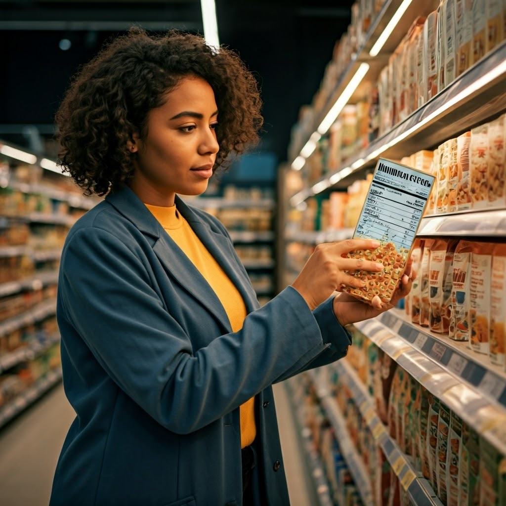 Shopper examines cereal box under neon light, highlighting nutrition label secrets at supermarket.
