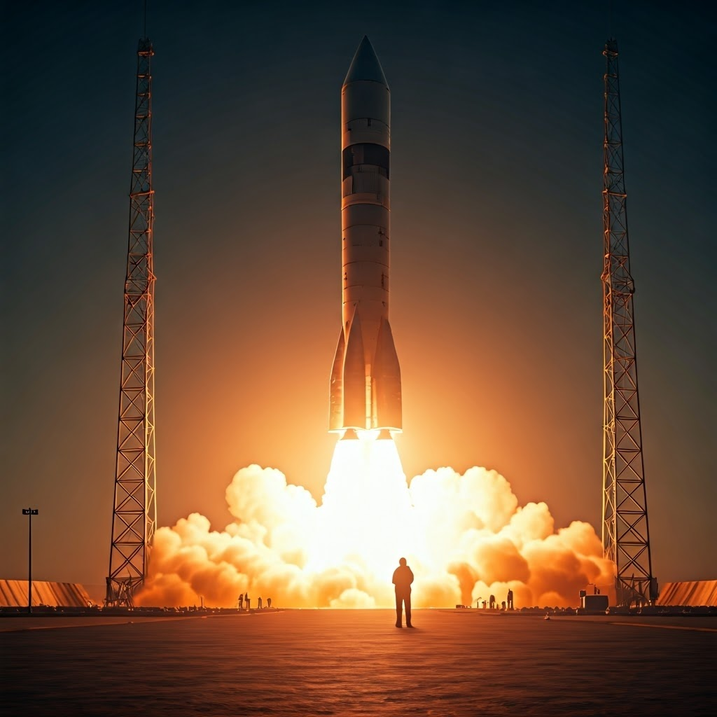 A chemical rocket climbs from its launch pad at dawn, bright orange plumes and thick white smoke wrap the base while technicians watch the glowing metal frame