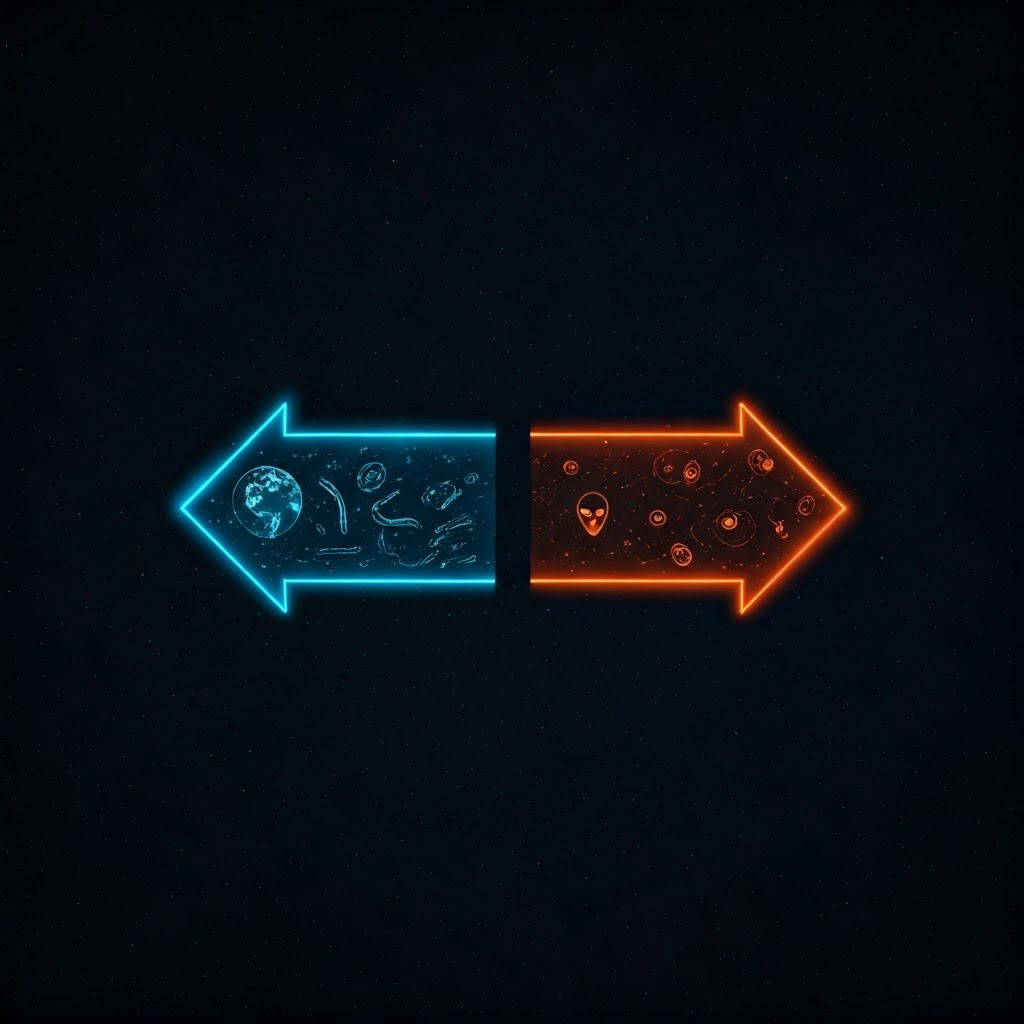 Minimalist infographic shows two arrows—one from Earth, one from Space—underscoring bidirectional contamination risks.