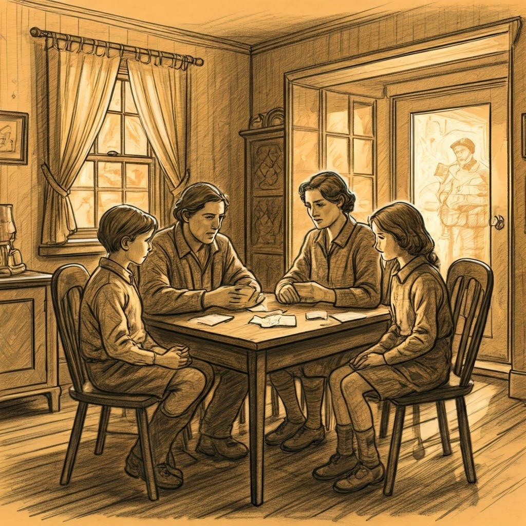 Family in dim living room worrying over empty ration pages while a neighbor offers a coffee stamp, illustrating shared hardship